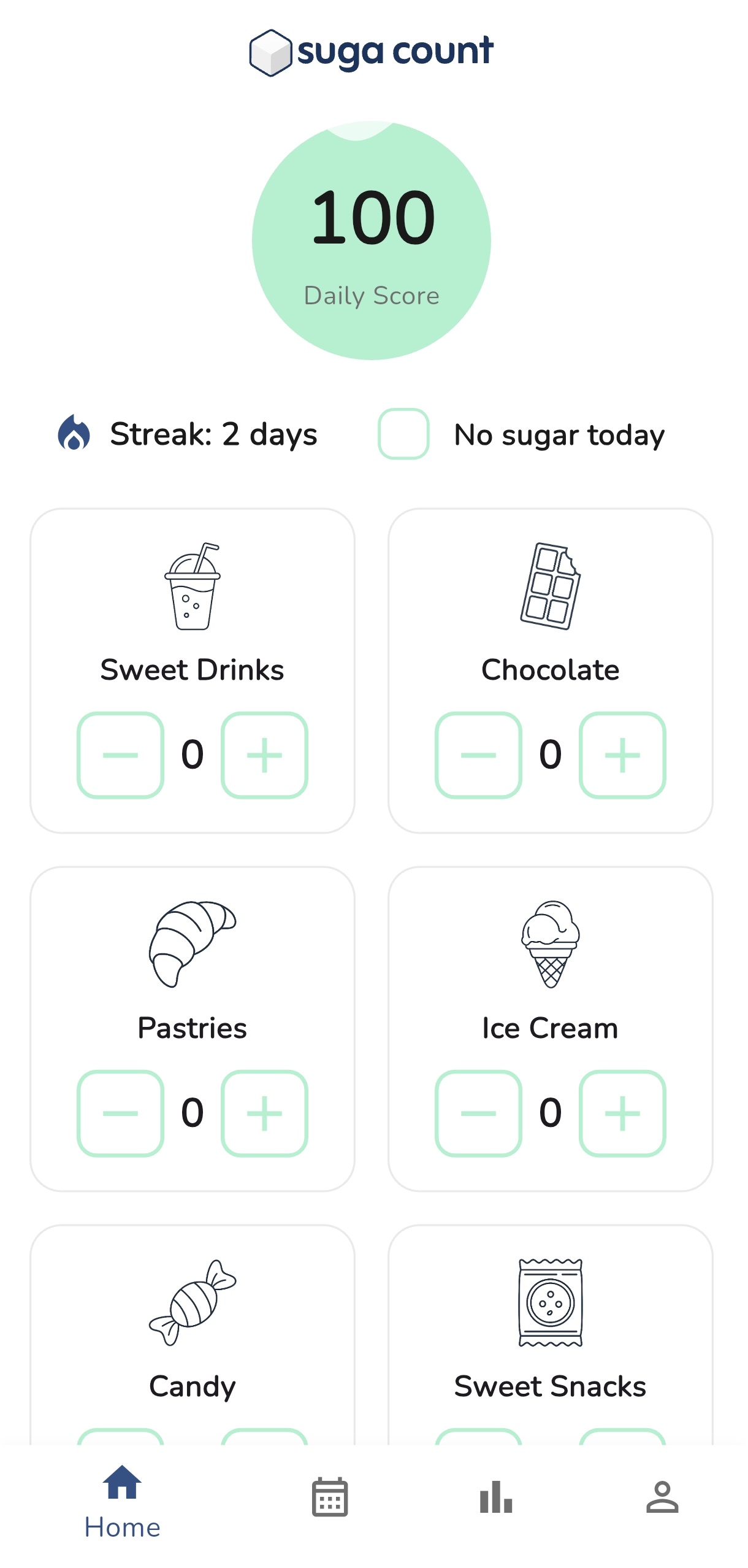 Suga Count home screen with daily score