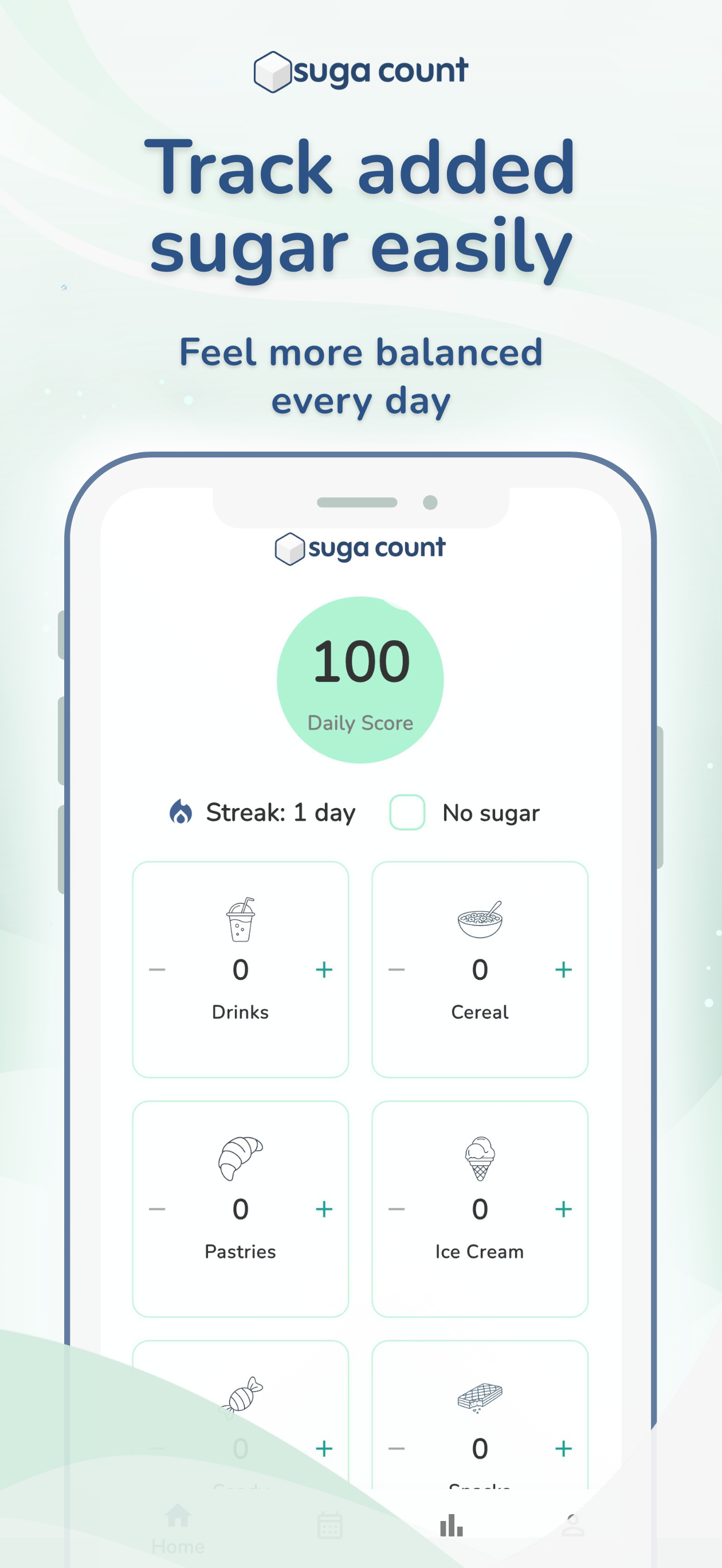 Suga Count home screen with daily score